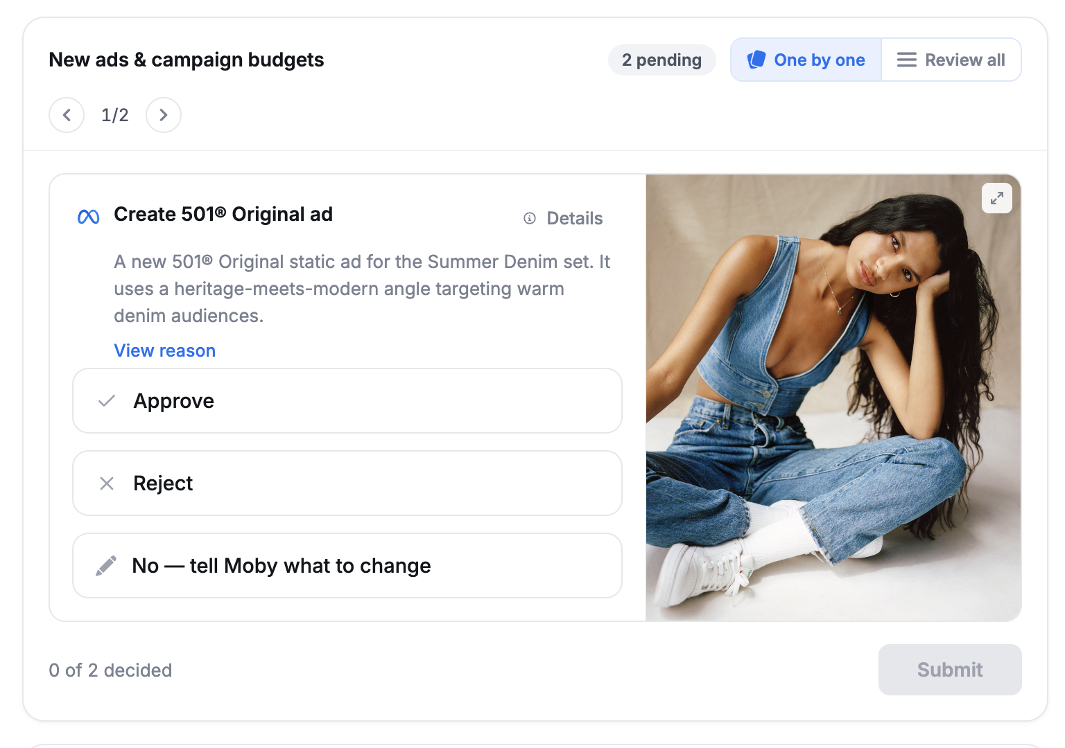 Moby action review screen with pending media-buying actions, a creative preview, approval, rejection, revision, and submission controls.